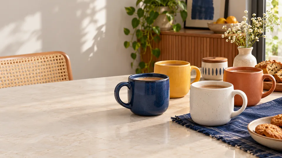 Colourful ceramic mugs on a bright contemporary dining table
